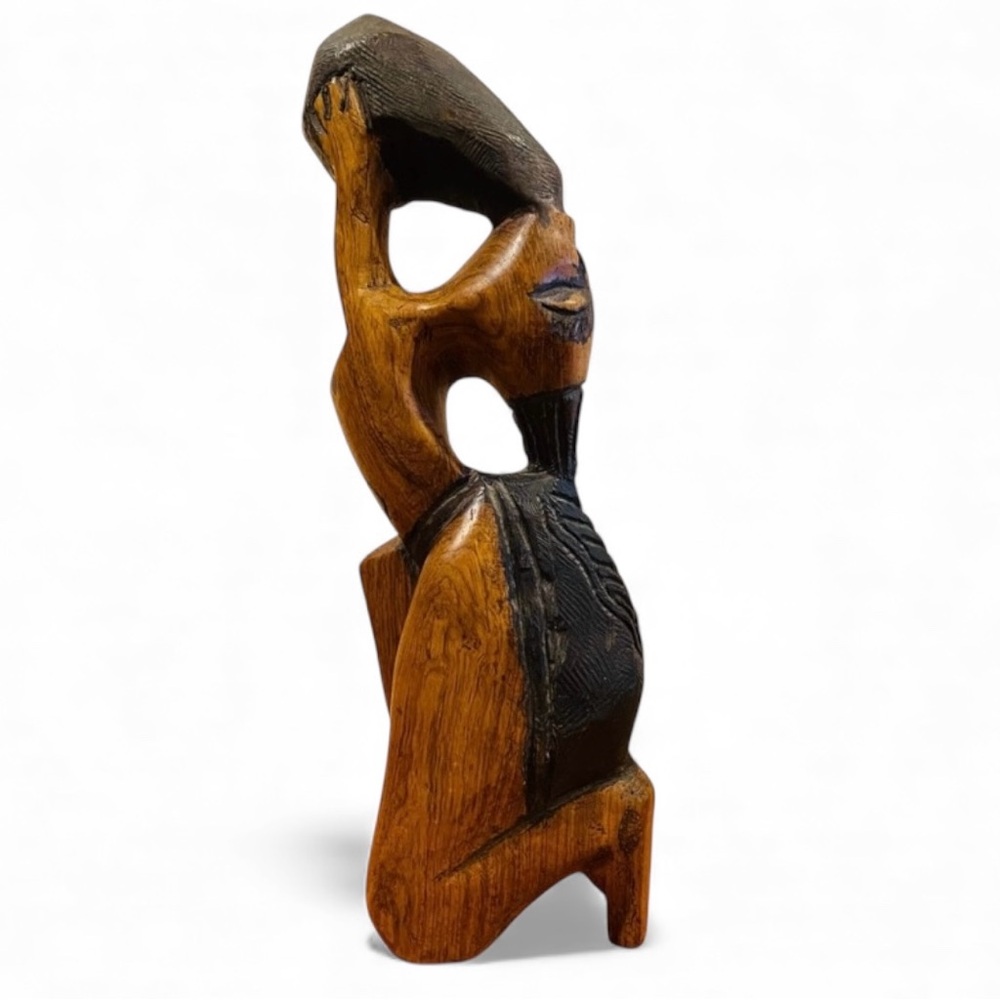 Hand Carved Wood Sculpture of Kneeling Figure Drinking from Vessel  | 12” tall
